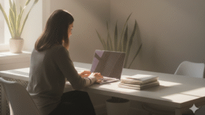 女性、PC、ブログ投稿