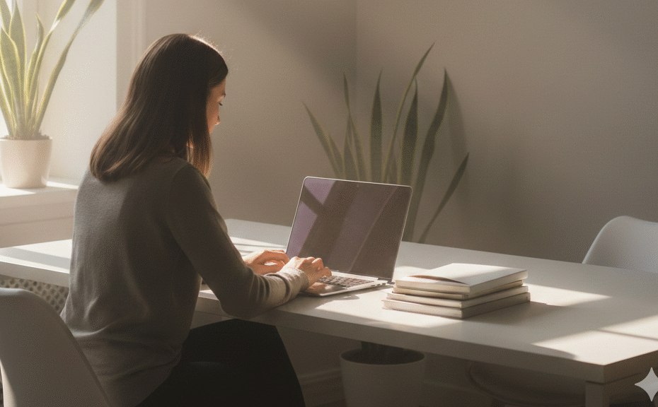 女性、PC、ブログ投稿