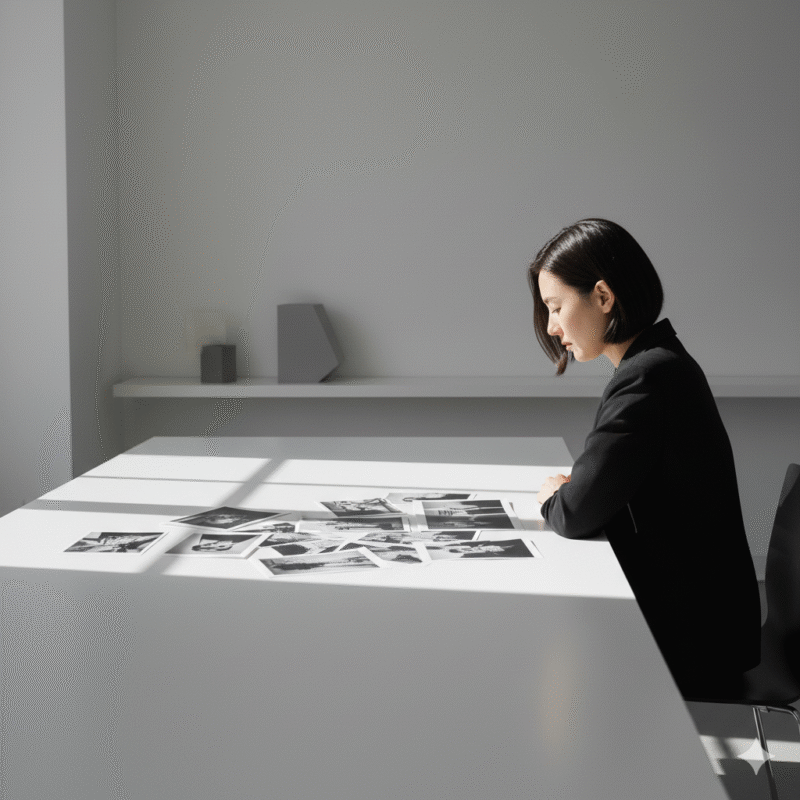 女性、写真選び、白、デスク