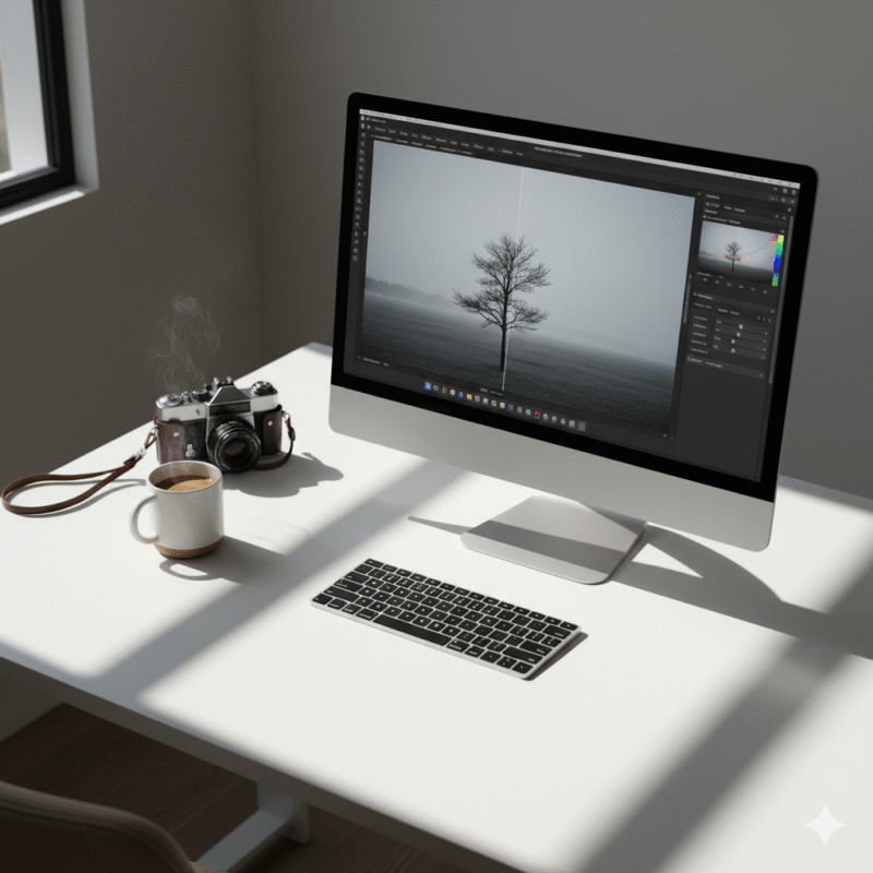 写真選び、PC、デスク