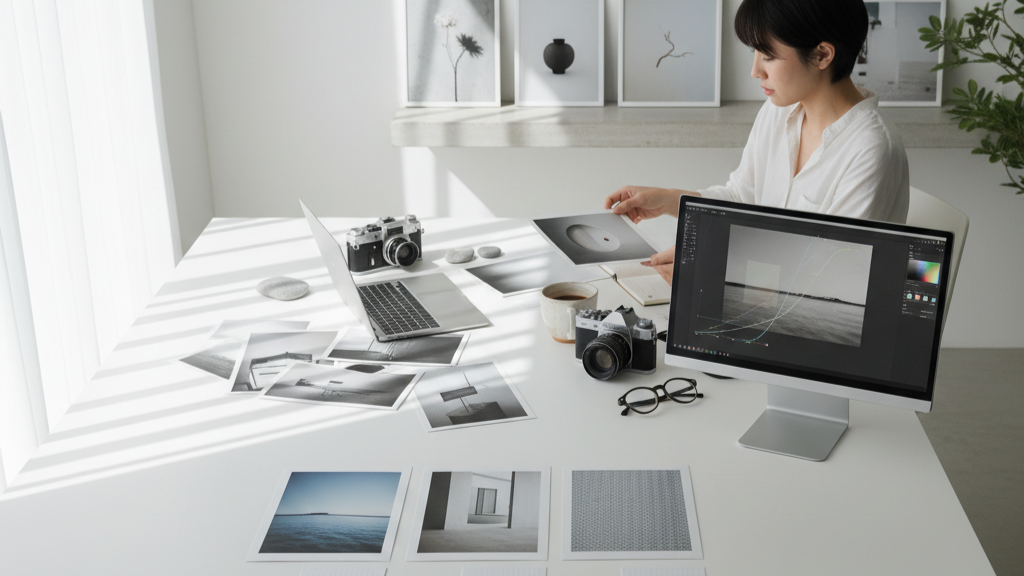 写真選び、デスク、白、女性