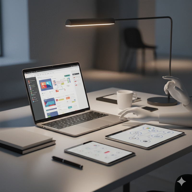 PC、デスク、タブレット