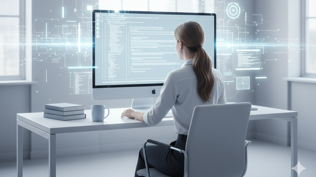 PCに向かう女性、白