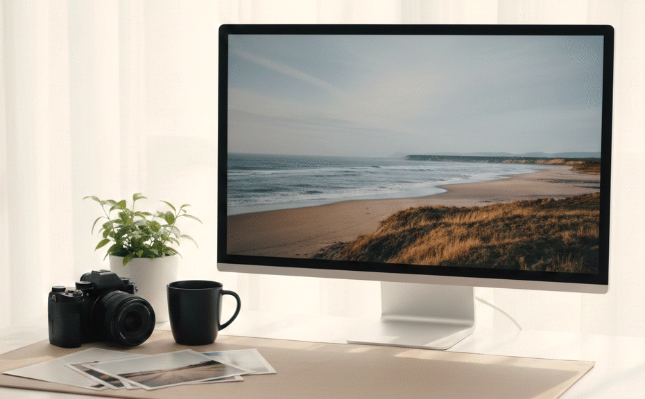 PC、デスク、写真、コーヒー、カメラ