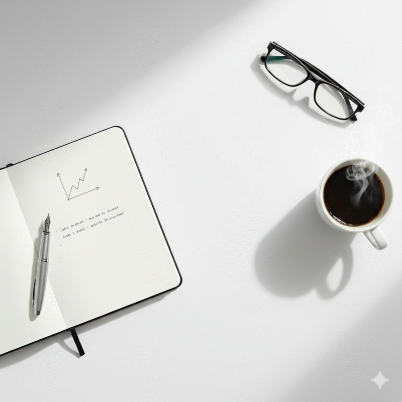 ノート、ペン、眼鏡、コーヒー