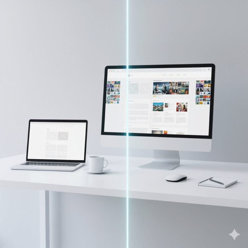 白、デスク、PC、コンテンツ