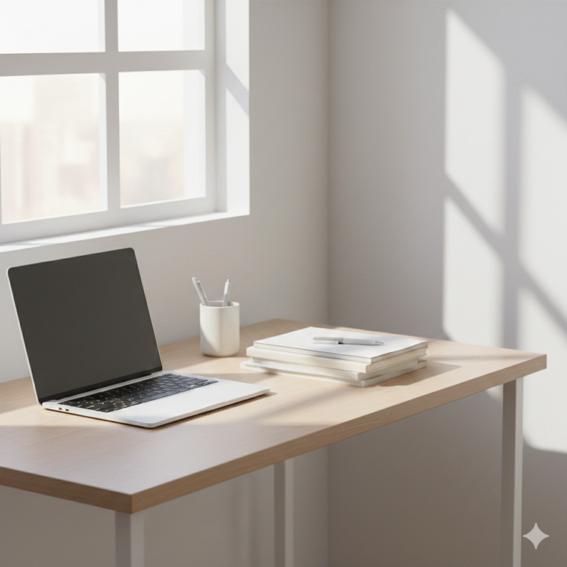 ベージュ、デスク、PC、書類