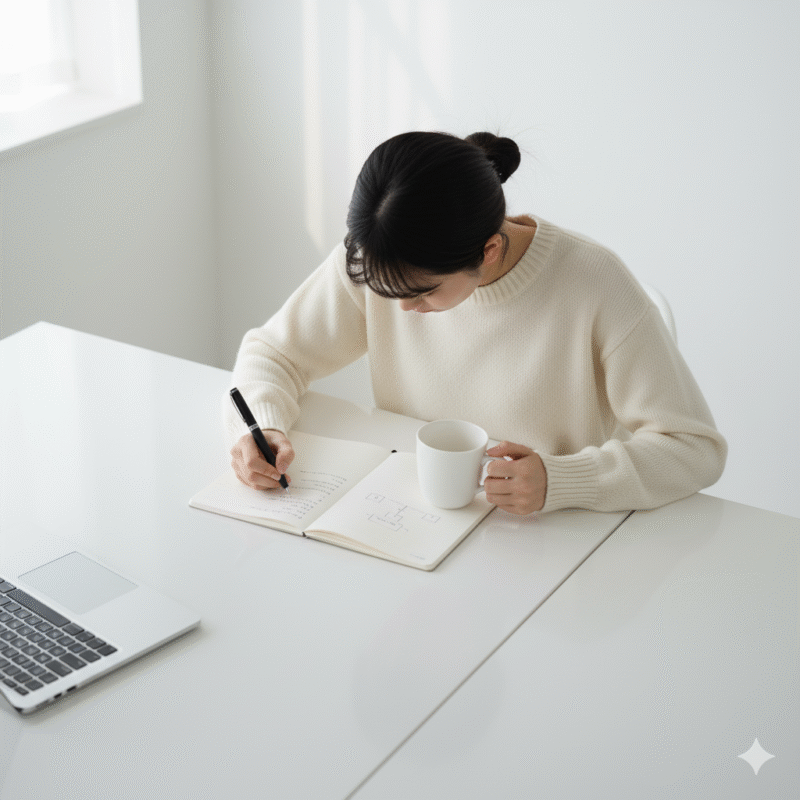 女性、ノート、デスク、白