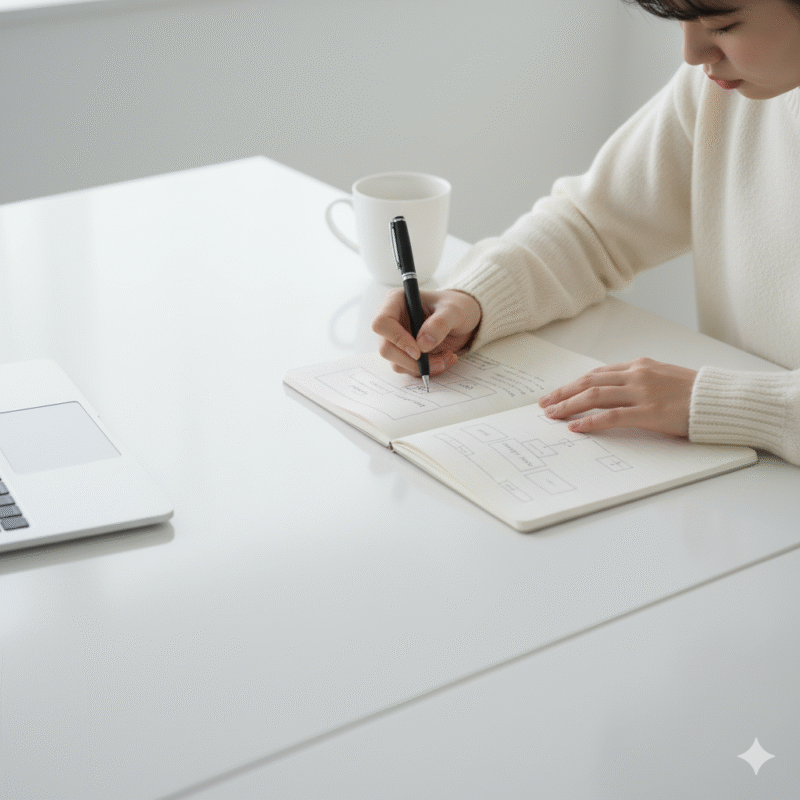 女性、デスク、白、構図