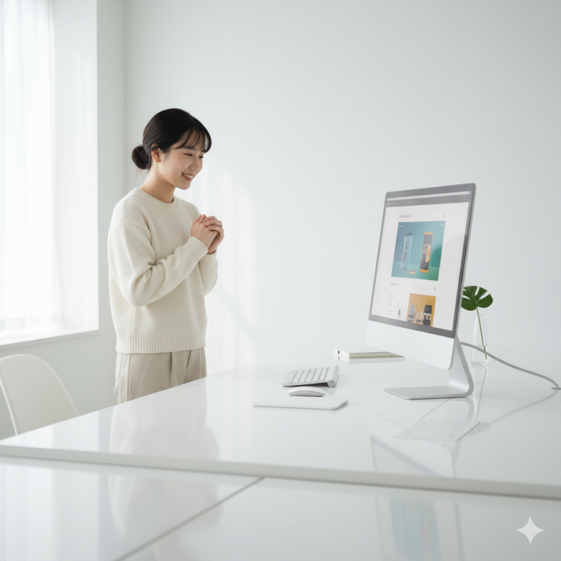 女性、喜び、デスク、白