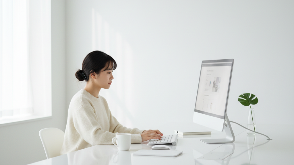 女性、デスク、白