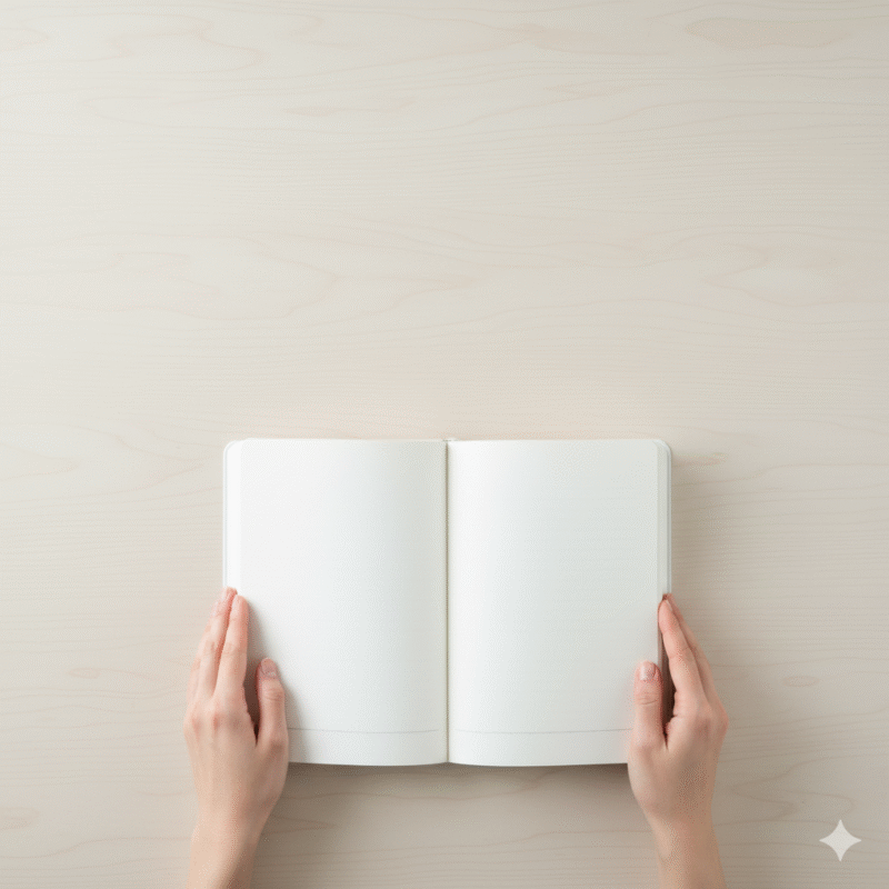 開いたノート、空白、手