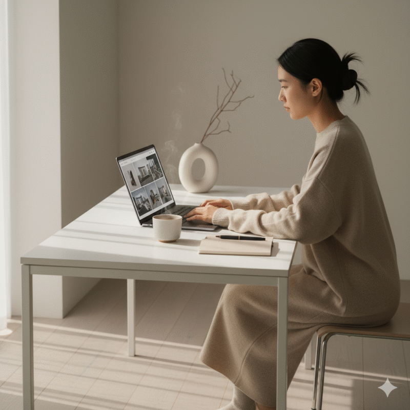 女性、PC、デスク、ベージュ