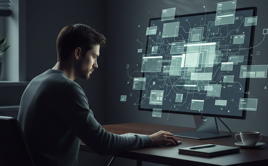 男性、PC、モニター