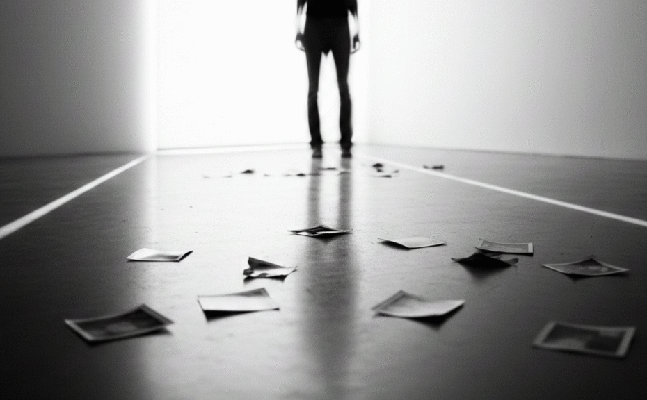 散らばった写真、人、モノクロ