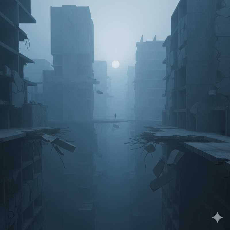 青、白、灰色、町、崩壊