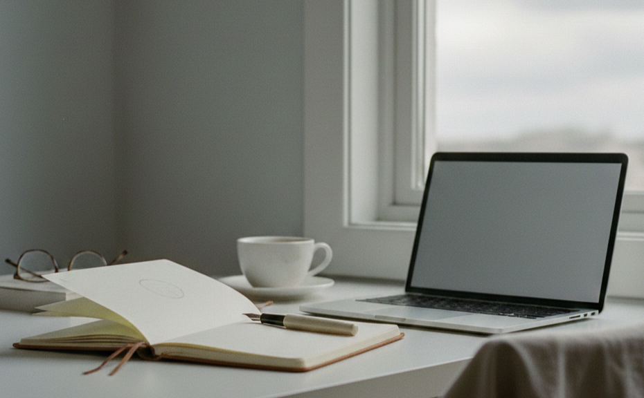 PC、デスク、ノート、コーヒー