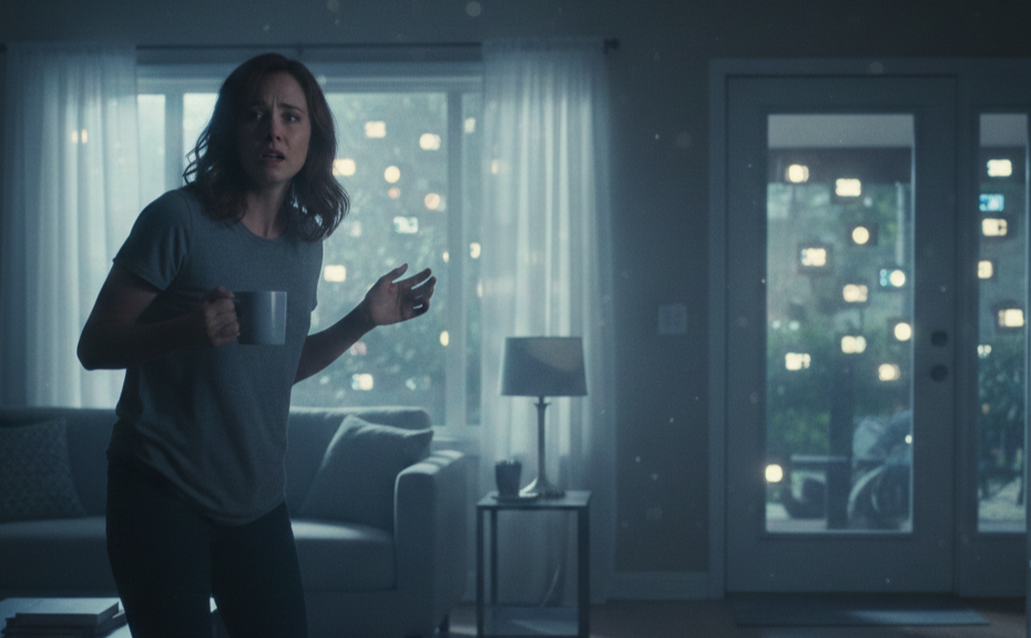 女性、びっくり、暗い部屋