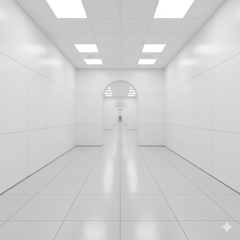 白い廊下、部屋