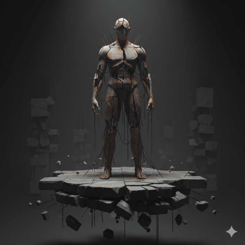 人の形、岩、崩れる