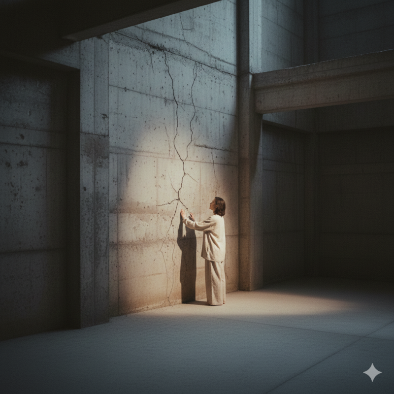 人、壁、囲われ、ヒビ